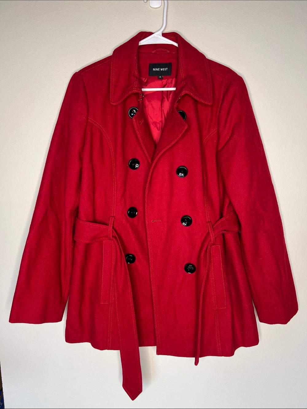 Nine West Red Double-Breasted Belted Pea Coat